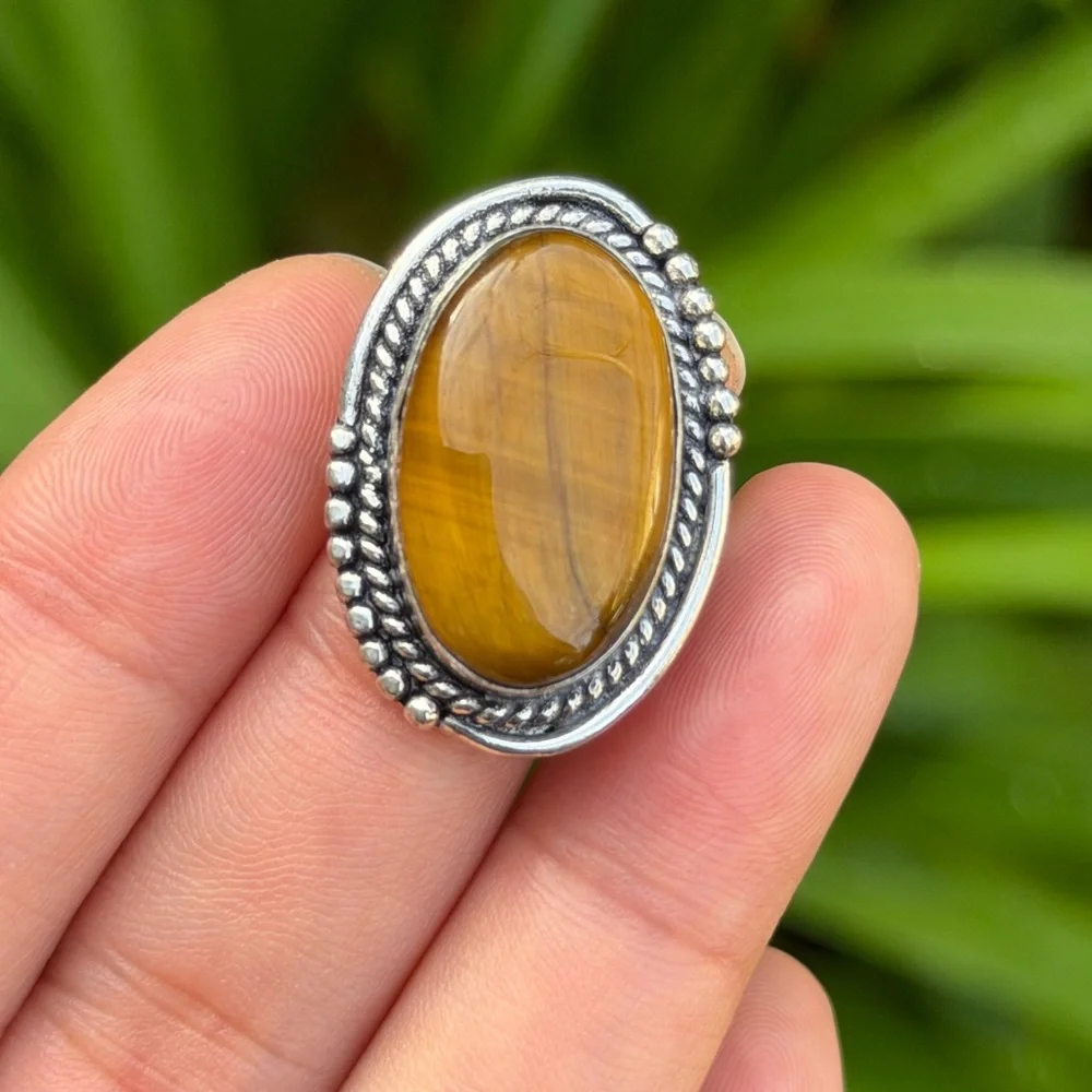 Size 6.5 925 silver plated flashy tiger eye‎ ring 0944